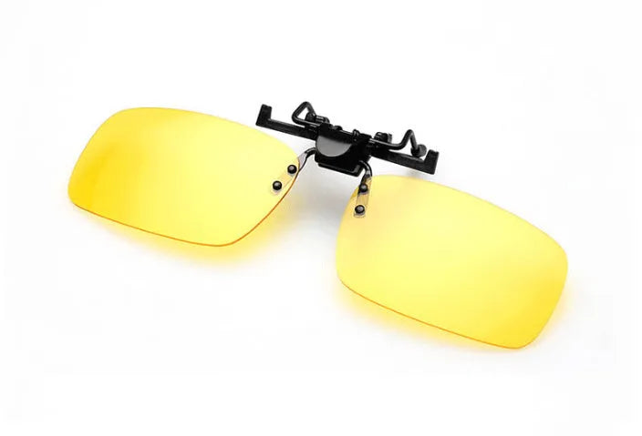 Myopia clip-on driving sunglasses with PC lenses in grey, green, and night vision options.