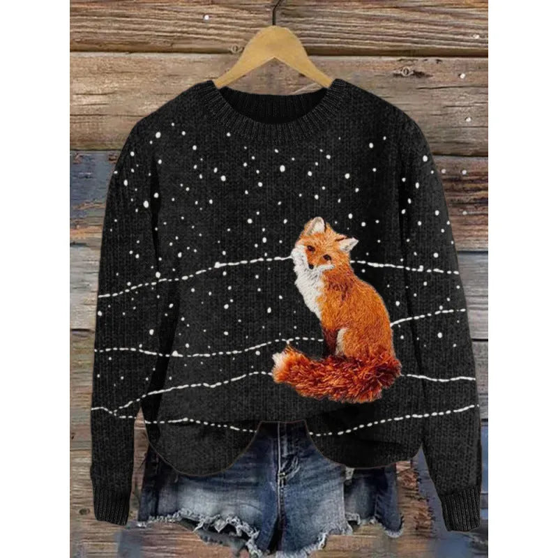 Little Flower digital printed round neck sweater in polyester, shown on a hanger.
