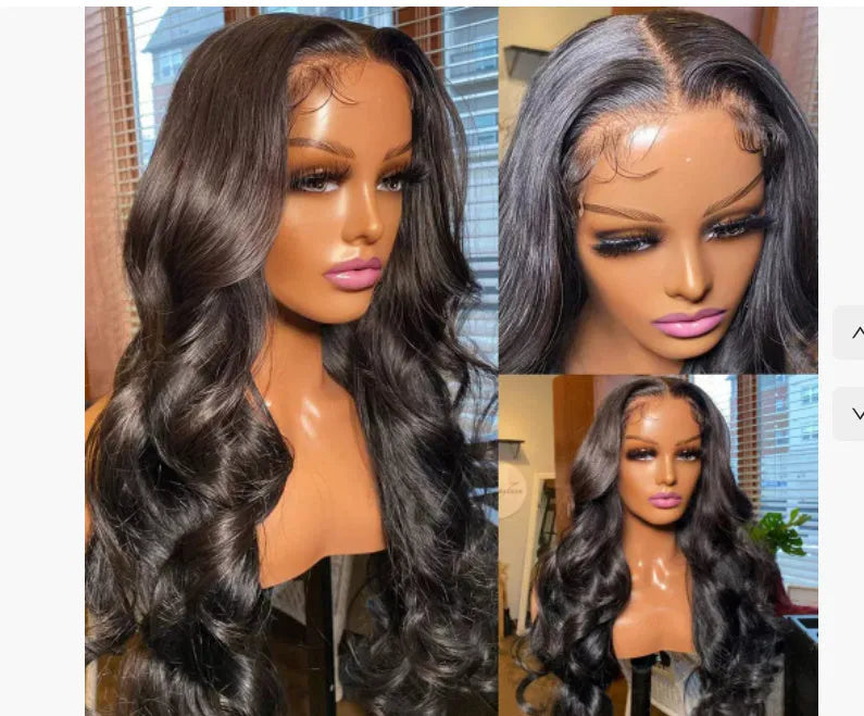 Black medium length curly synthetic wig on a stand, showing full head of loose curls.