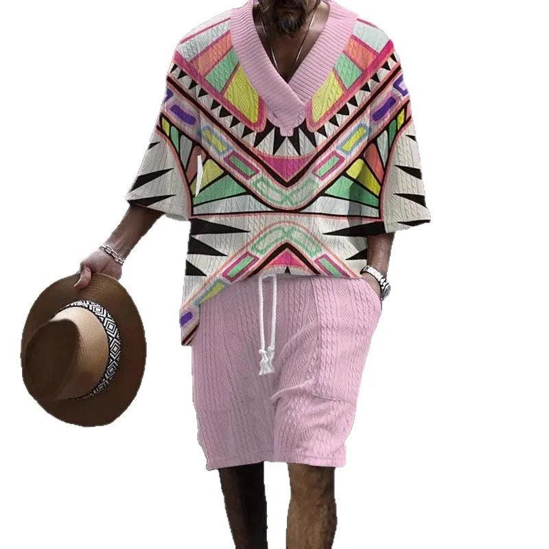 Man wearing a loose blue short sleeve top and matching casual shorts from a polyester suit set.