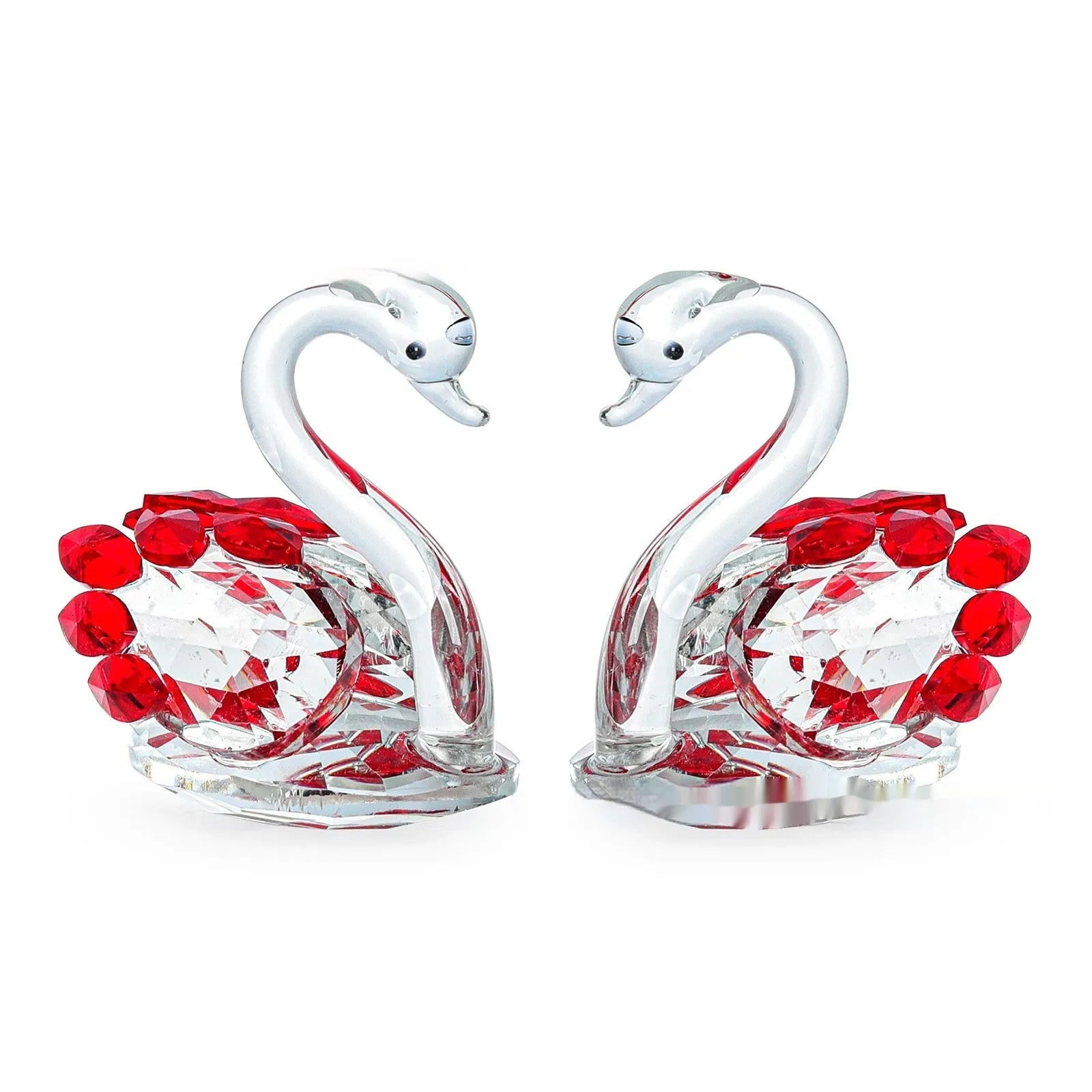 Crystal swan desktop ornament in red, blue, pink, or purple on a wooden surface.