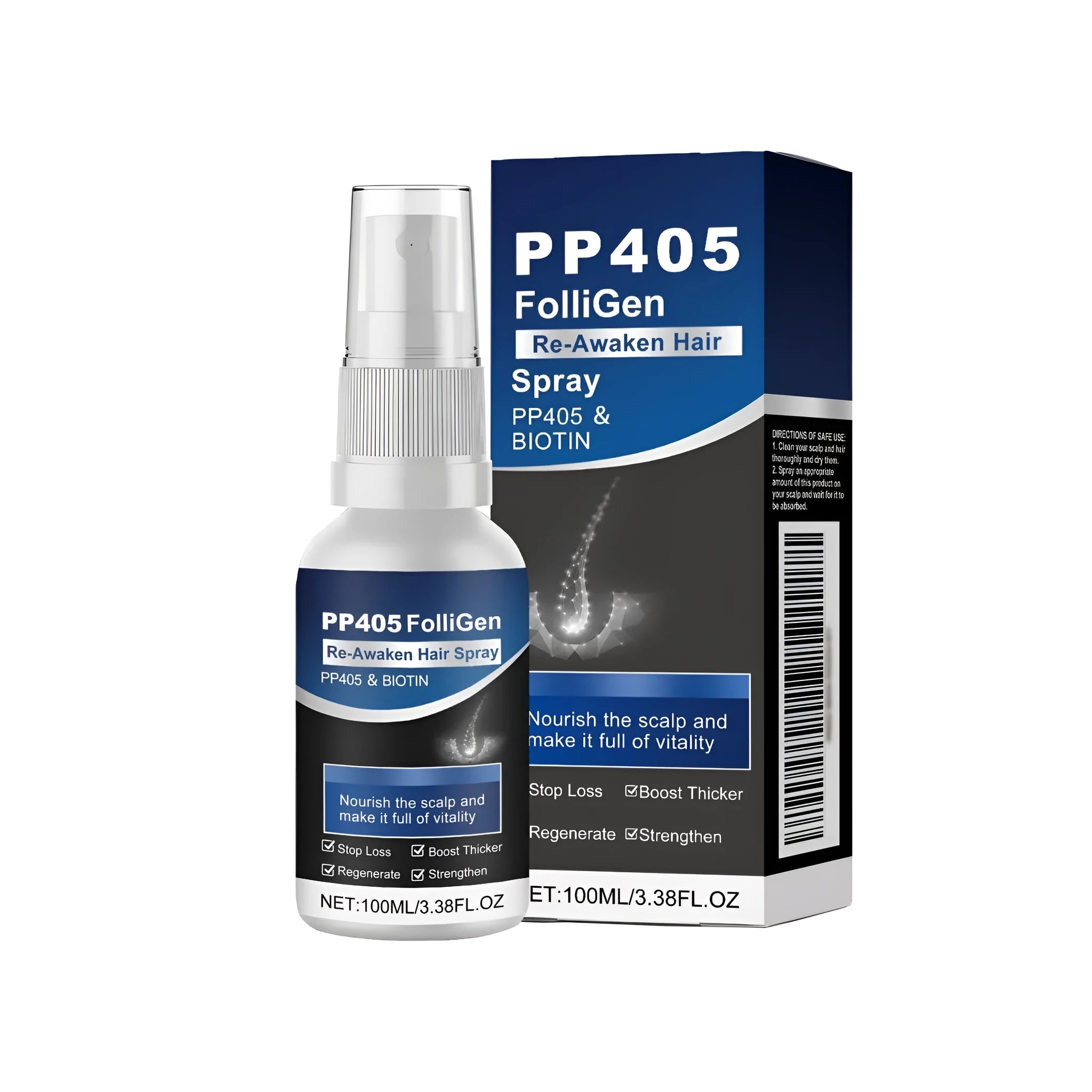 100ml hair nourishing spray bottle with botanical ingredients including ginger and rosemary oils