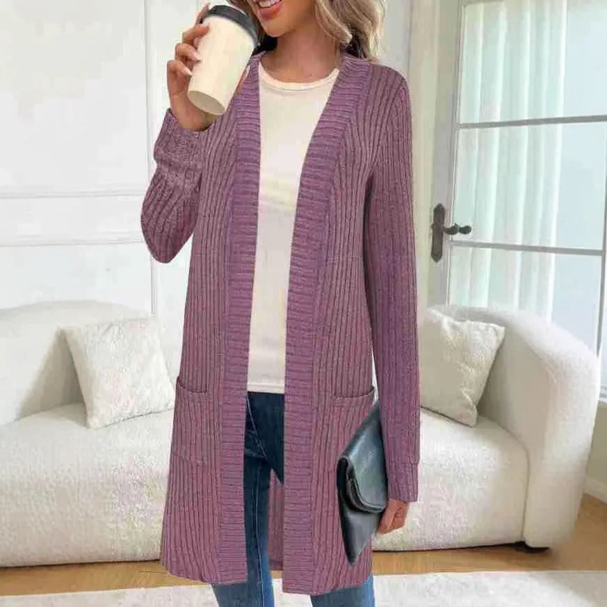 Long sleeve loose fit knitted cardigan jacket with pockets in black, wine red, or grey.