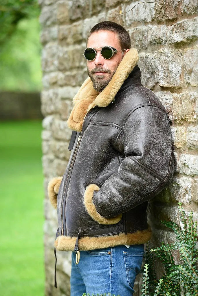Men's brown retro-style synthetic fur coat with side pockets on a neutral background.