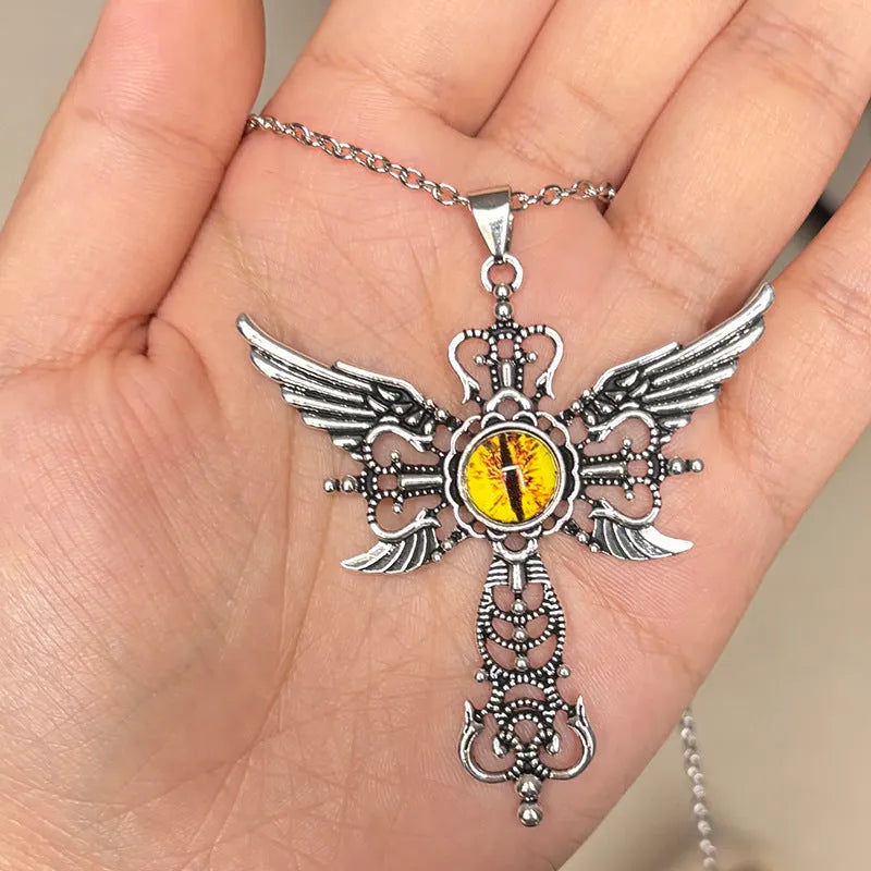 Creative geometric devil wings cross pendant necklace in alloy with multiple colour options