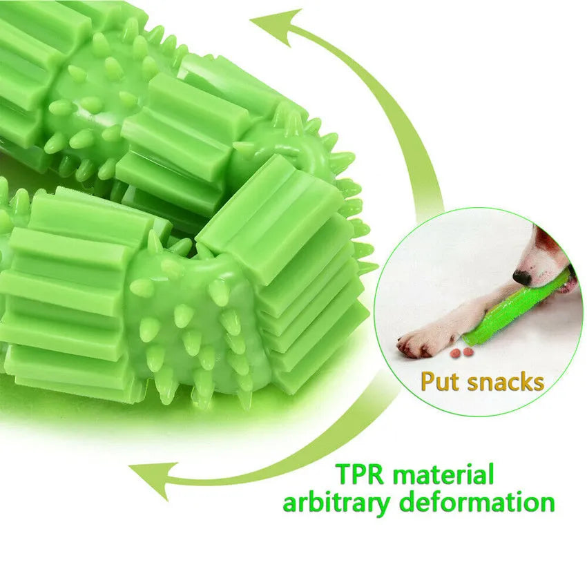 Green and orange durable rubber dog chew toy with treat-dispensing hole for aggressive chewers.