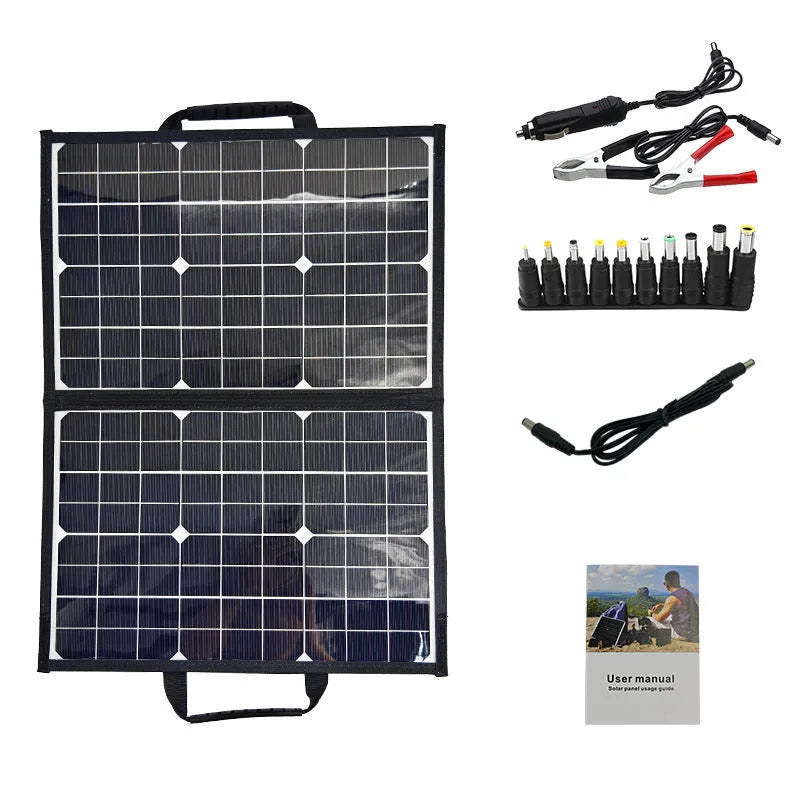 Black 40W folding solar panel unfolded for use with portable carrying bag