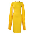 Long sleeve evening dress with pleated shawl detail in red, shown with high waist