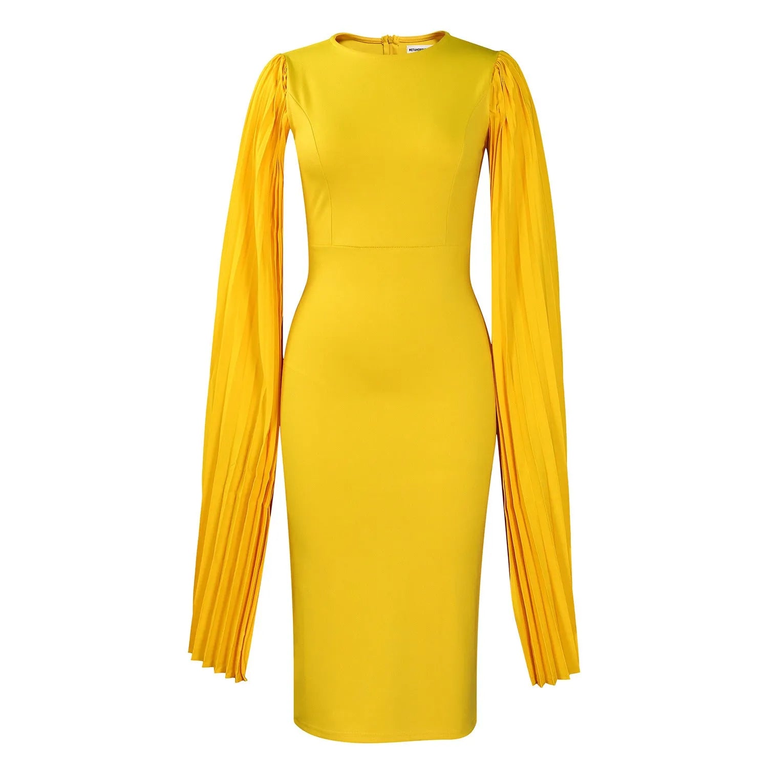 Long sleeve evening dress with pleated shawl detail in red, shown with high waist