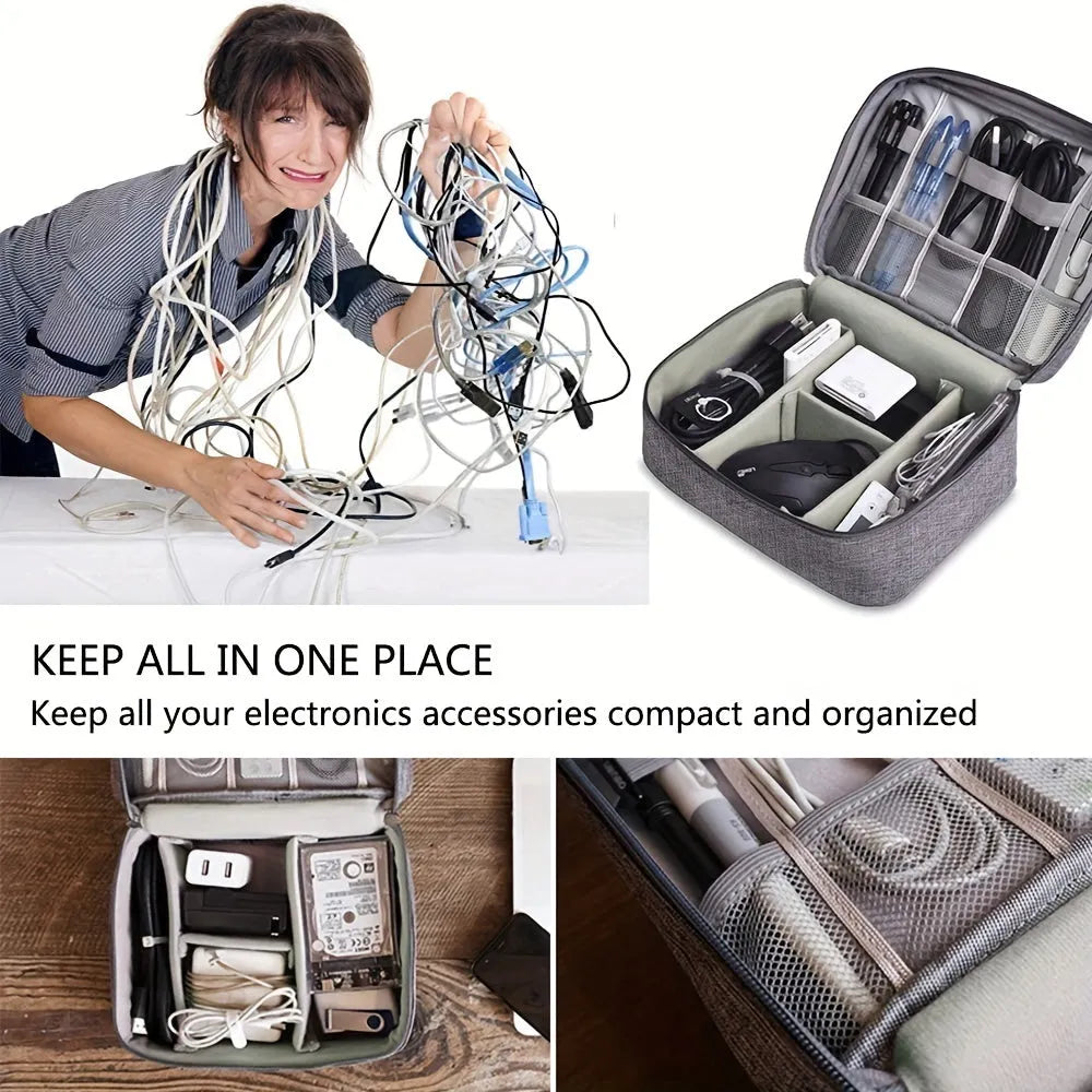 Black waterproof travel cable organiser bag open to show removable dividers and mesh pockets for electronics.