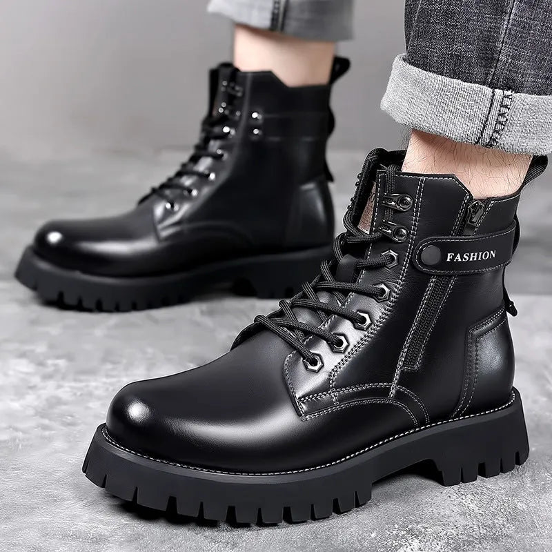 Mens light brown high-top Martin boots with side zipper and thick rubber sole