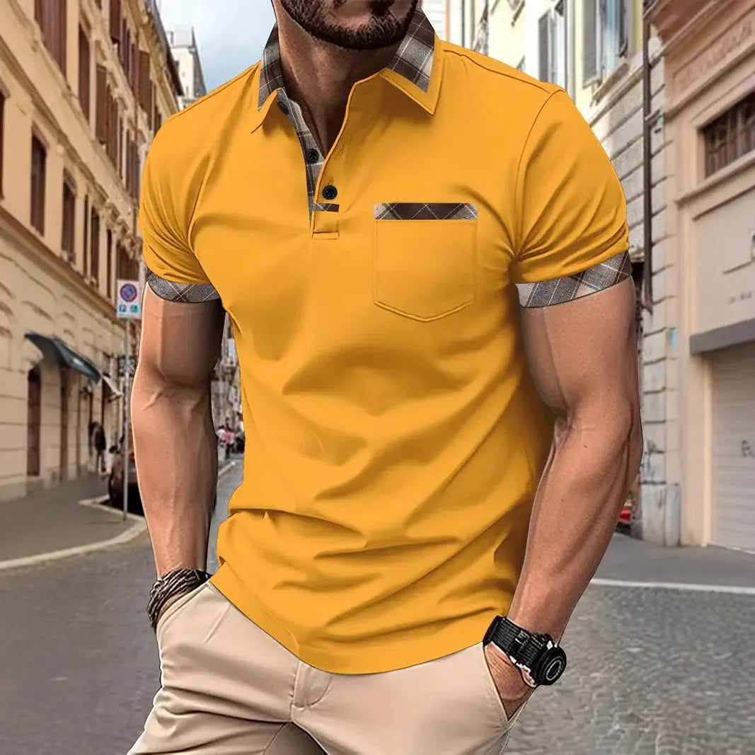 Men's loose fit colourblock plaid t-shirt with zip decorations in multiple colour options