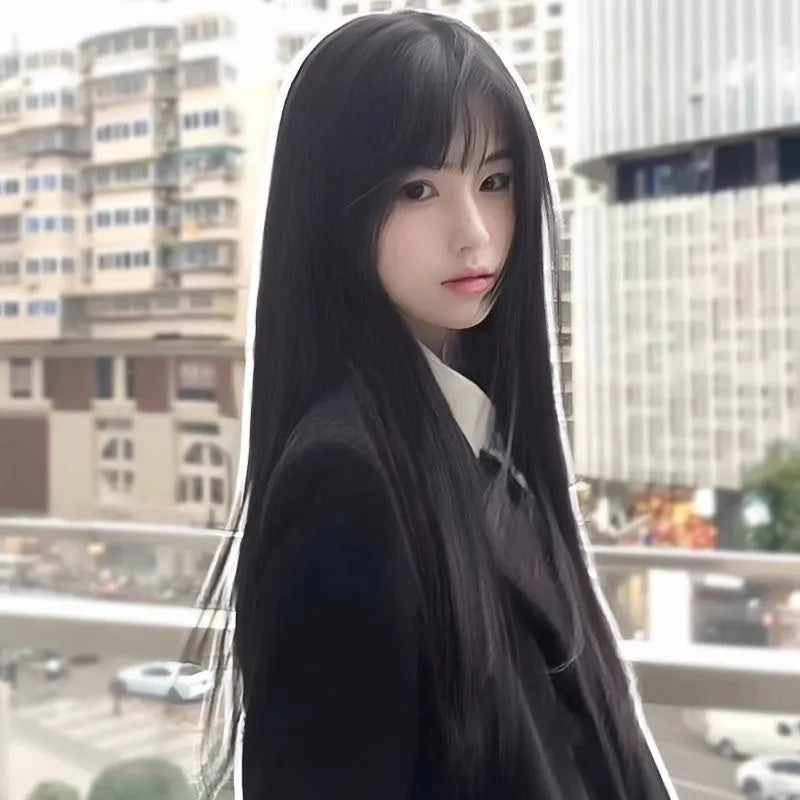 Straight black synthetic wig with bangs for women in brown-black colour