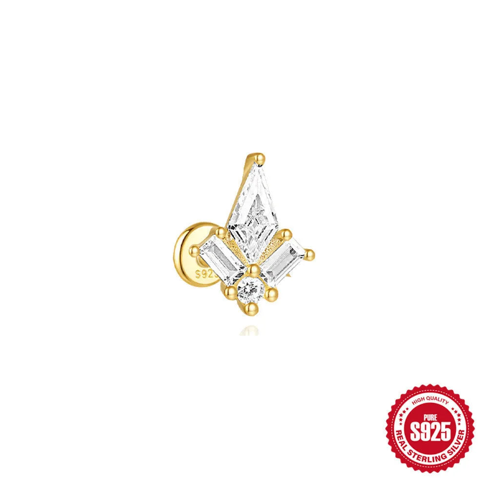 S925 sterling silver geometric kite-shaped earring with rhinestone chain tassel in a gold colour finish.