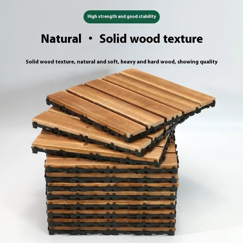 Square pine wood floor panel for balcony with 30cm dimensions and a brushed finish.