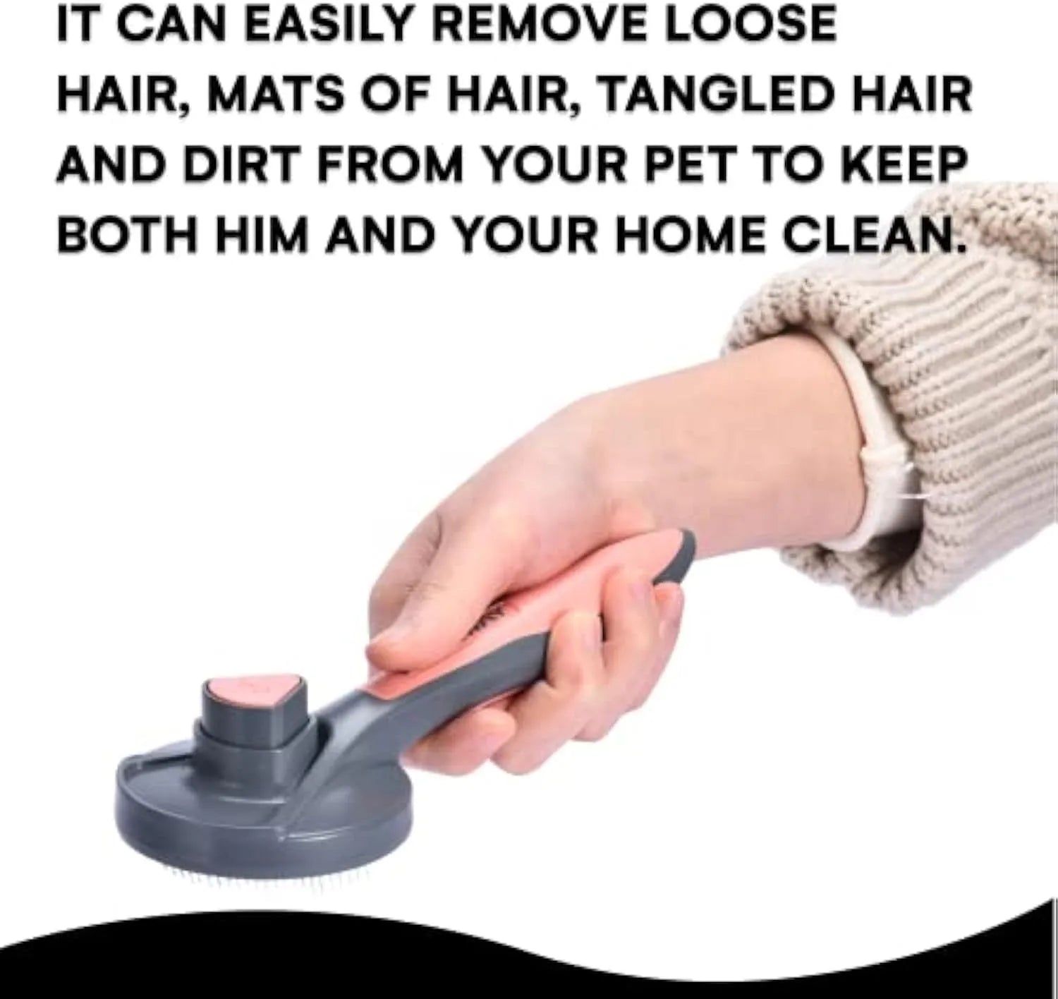 Grey self-cleaning pet slicker brush with massage-tipped bristles and a cleaning button on the handle