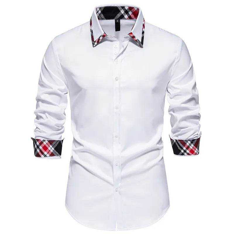 Men's blue casual long sleeve shirt with triangle collar and contrast plaid pattern.