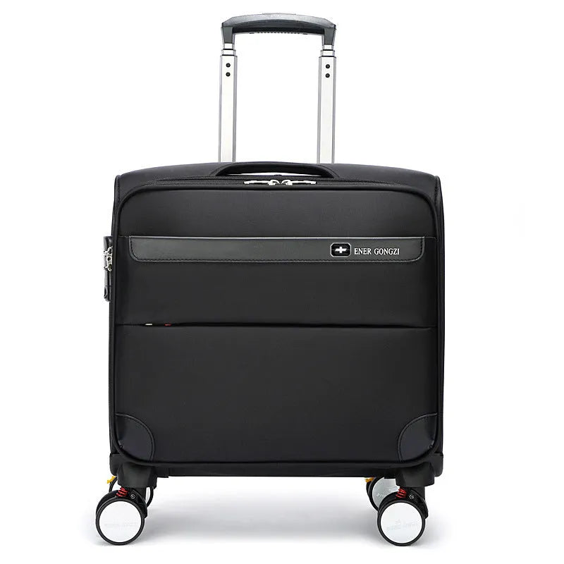 Black 18-inch Oxford cloth carry-on suitcase with retractable trolley handle and universal wheels.