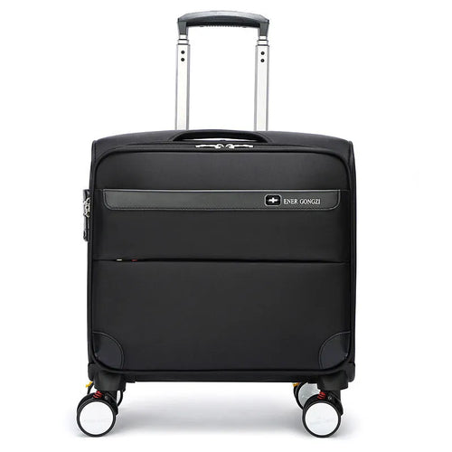 Black 18-inch Oxford cloth carry-on suitcase with retractable trolley handle and universal wheels.