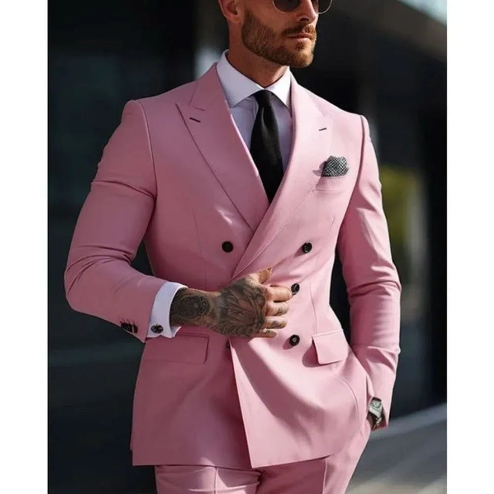 Men's Korean-style slim fit two-piece suit in cotton blend fabric showing jacket and trousers