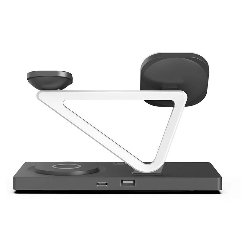 Five-in-one wireless charging night lamp in black showing magnetic phone bracket, circular charging base, and dedicated watch charging position