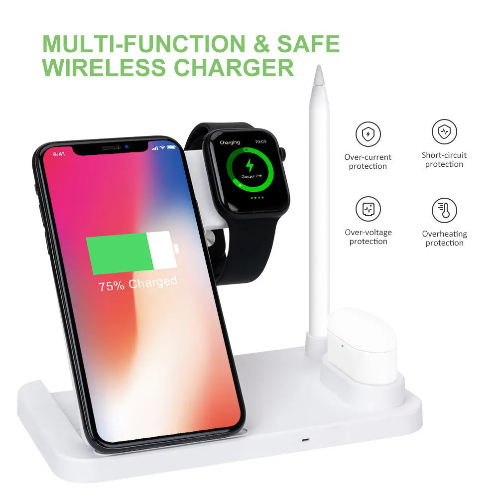Folding 4-in-1 wireless charging station showing iPhone on vertical stand, Apple Pencil on magnetic spot, and two colour options.