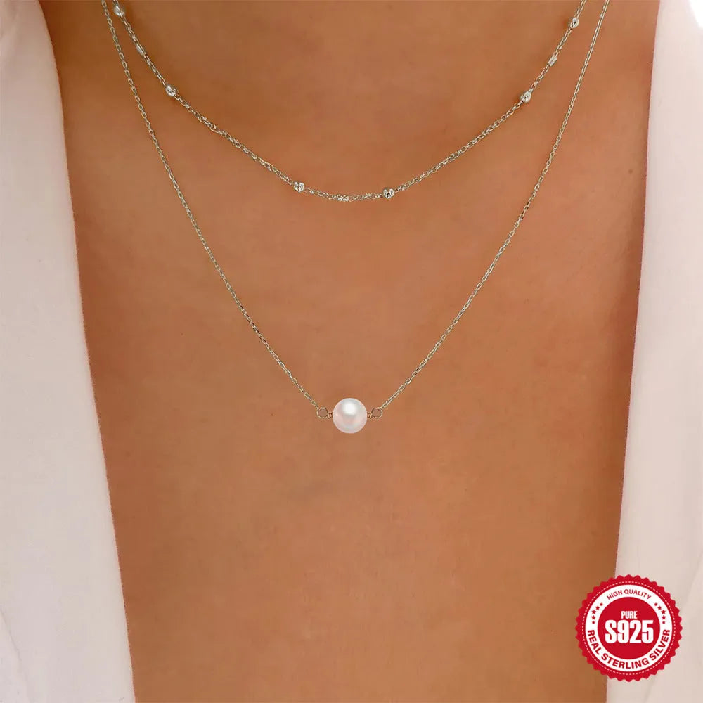 S925 sterling silver double layer twin pearl necklace with geometric pendant on ball bead chain