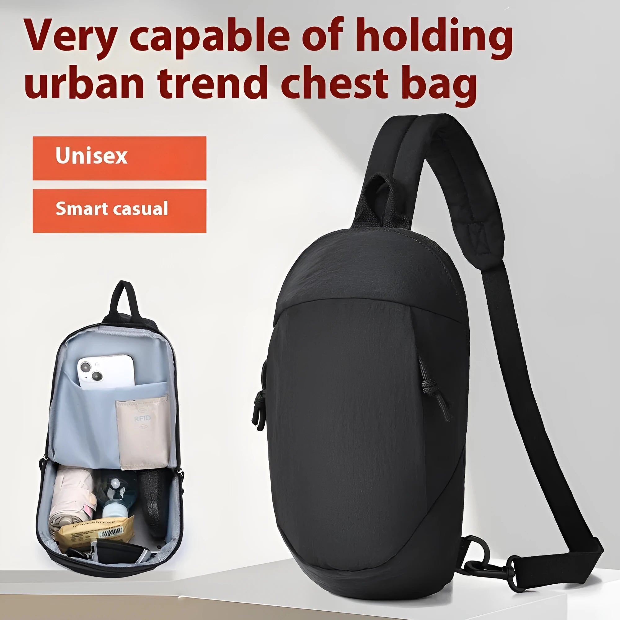 Outdoor crossbody bag in nylon fabric with mobile phone compartment, shown in army green colour