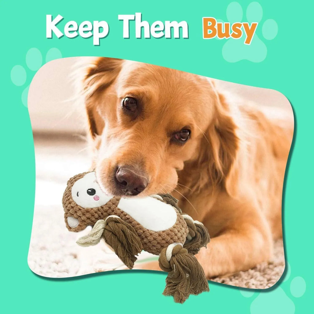 Lion and monkey soft plush squeaky dog toys side by side.