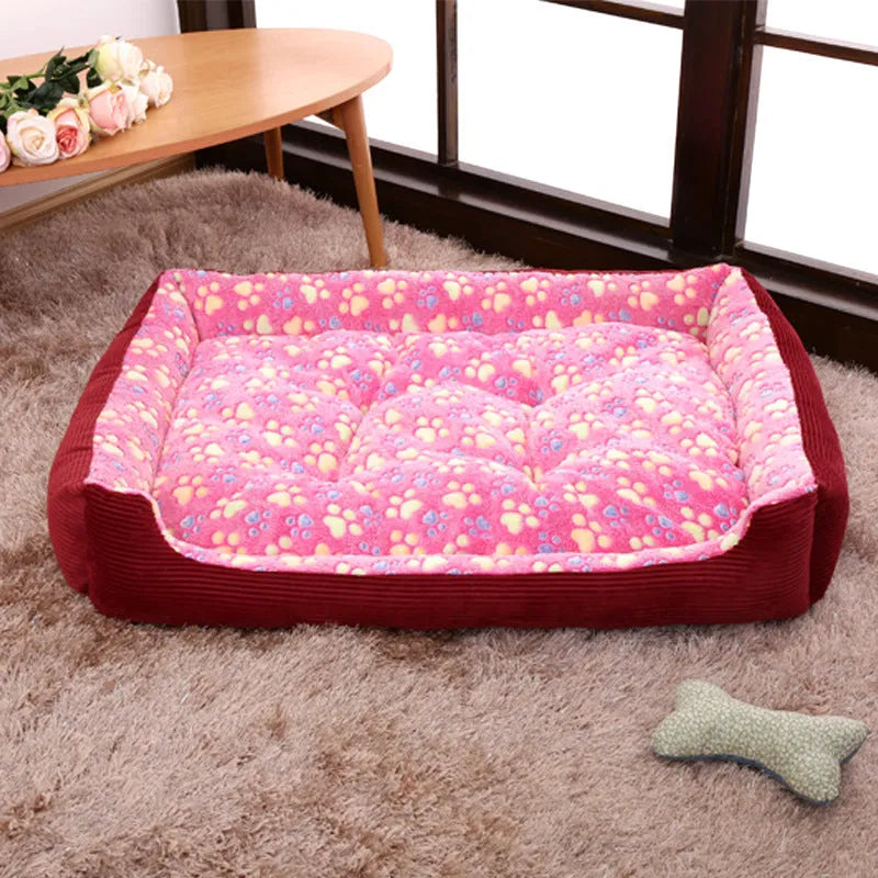 Orthopaedic foam dog bed with plush cover in beige, showing sofa-style raised edges and available in six sizes