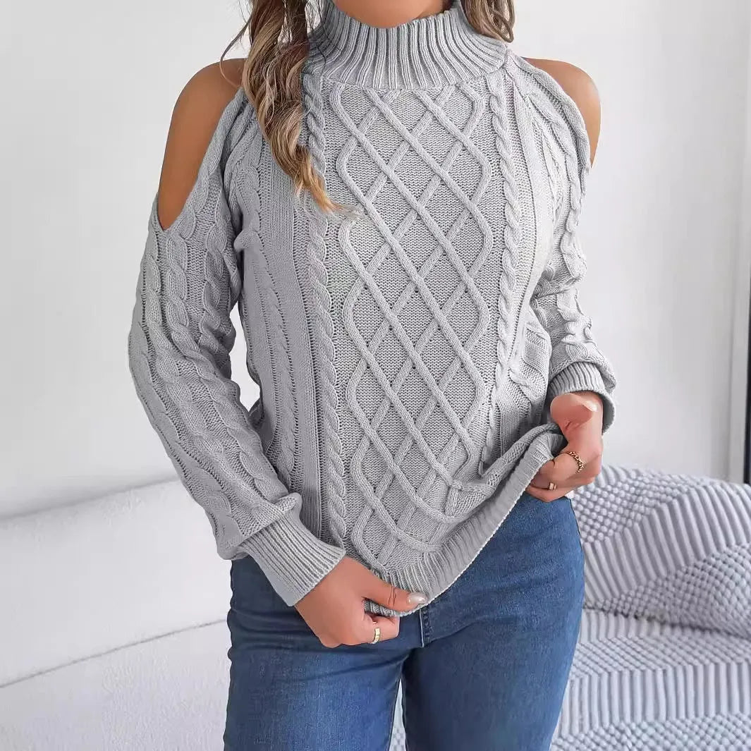 Women's twisted pattern strapless half-high collar sweater with lantern sleeves