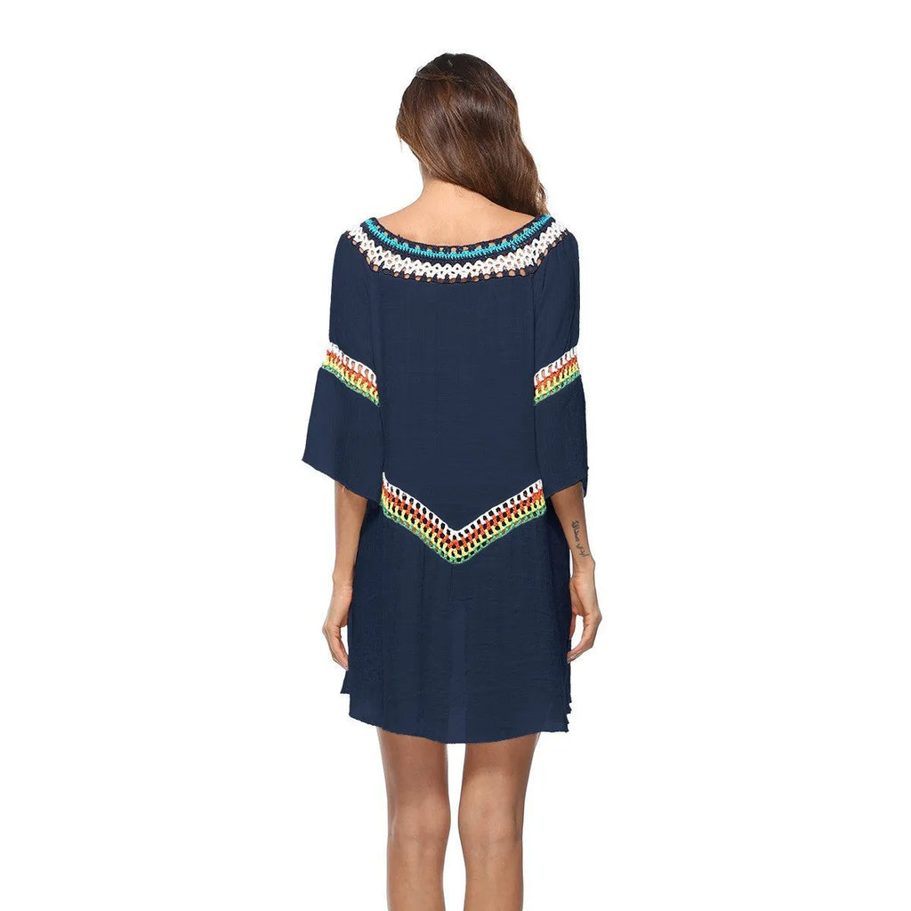 Crocheted ethnic style beach sun protection clothing for women in white, black, blue or apricot