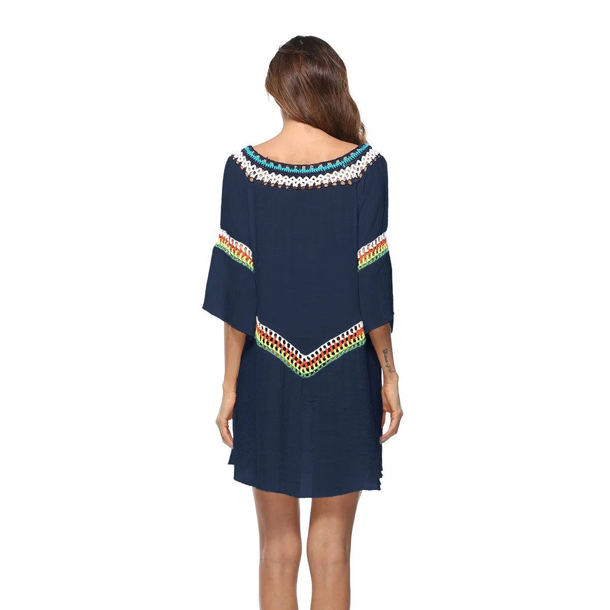 Crocheted ethnic style beach sun protection clothing for women in white, black, blue or apricot