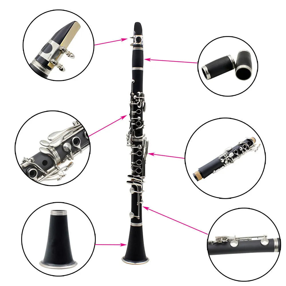 Black Bakelite clarinet with nickel-plated keys and a carrying bag for beginner students.