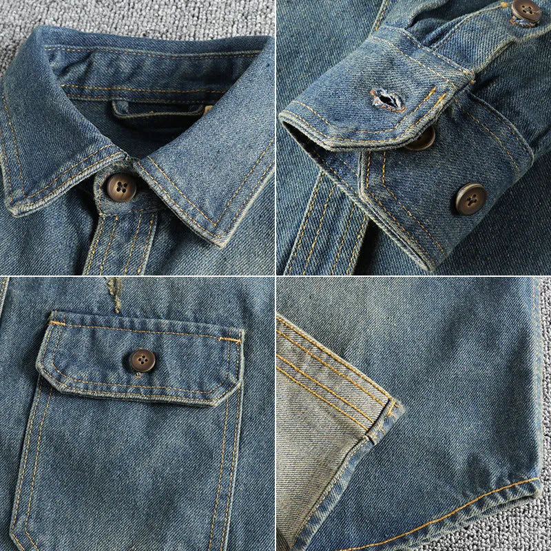 Men's loose-fit washed vintage denim shirt in light blue and dark blue colour options.