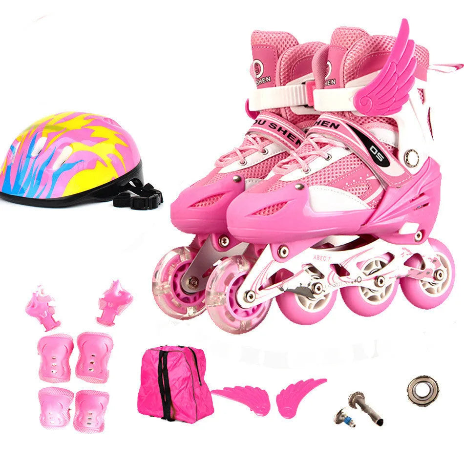 Adjustable children's inline skates with aluminium bracket in five colours including protective gear set