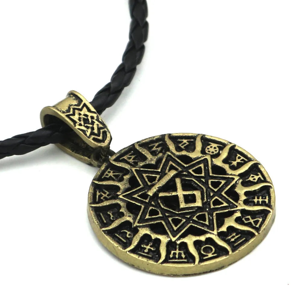 Lunavin ODing text pendant necklace with antique silver chain and leather rope options on display