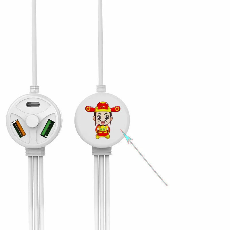 PDPVC mobile phone charging cable with USB, Mini USB, Micro USB, and TYPE-C connectors on a white background.