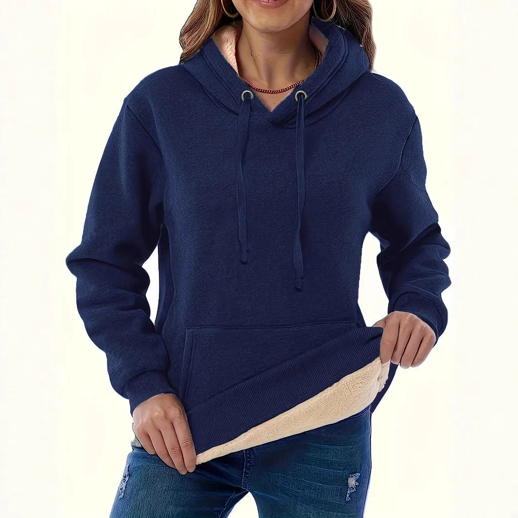 Women's loose fit hooded sweatshirt in thick polyester fabric with side pockets