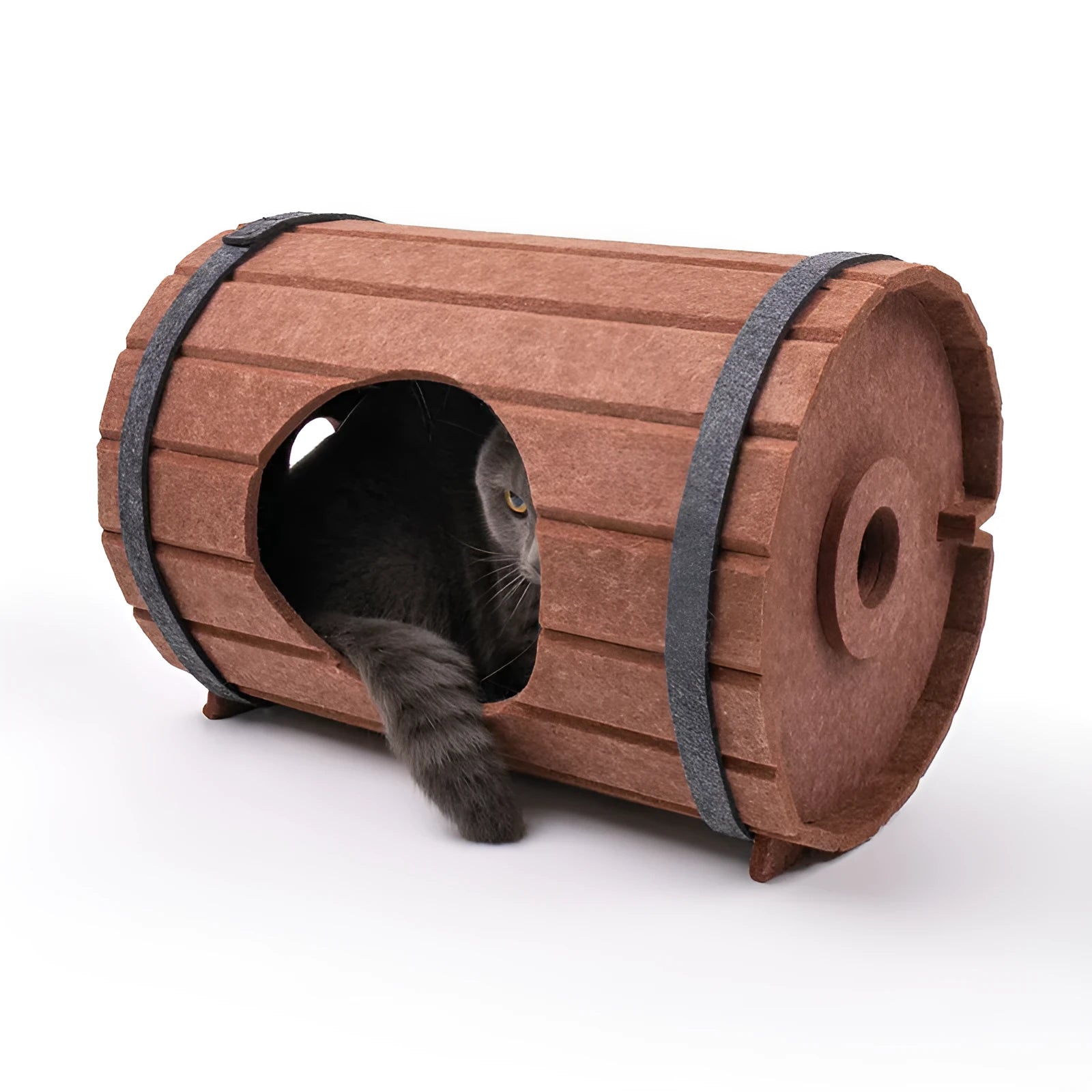 Brown polyester felt wine barrel-shaped pet bed for cats and small dogs