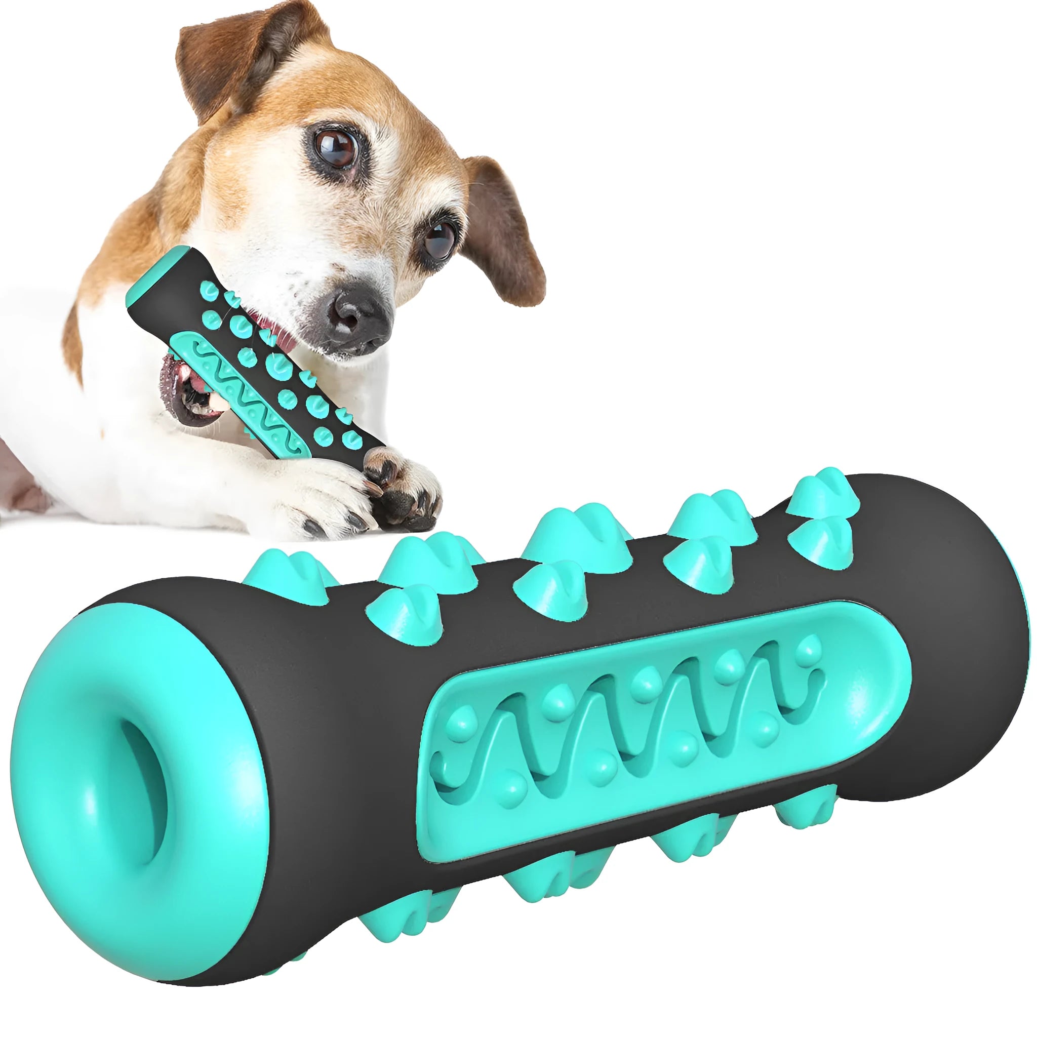 A natural rubber dog toothbrush chew toy in blue colour, showing its textured surface and stick shape.