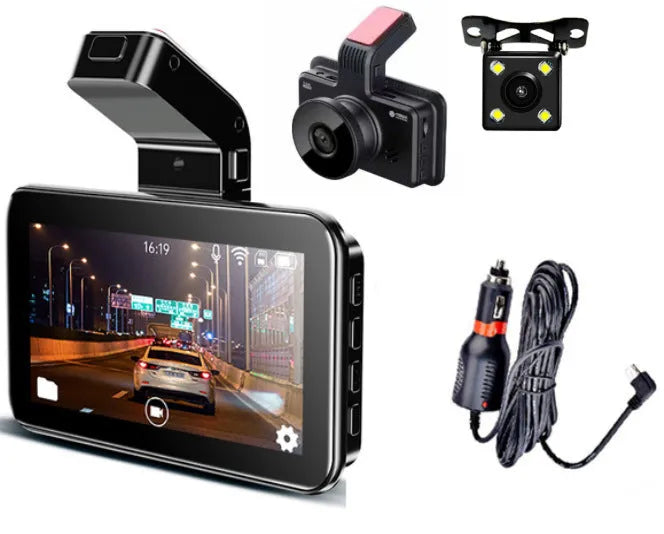 3-inch screen car dash cam DVR with dual lens for front and rear vehicle recording.