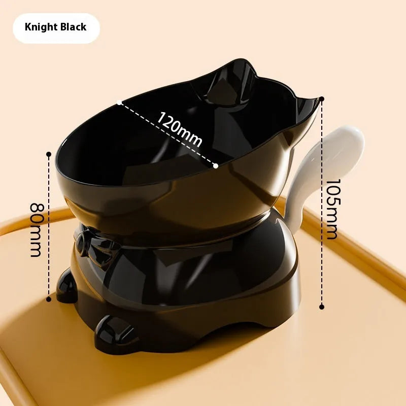 Stainless steel oblique anti-fall cat bowl in black, blue, pink, and yellow colours.