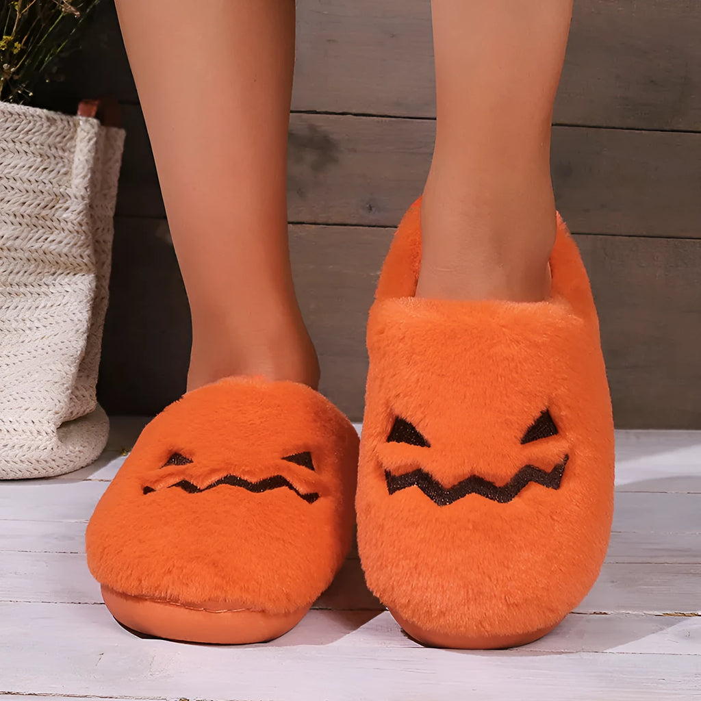 Orange Halloween pumpkin slippers with coral velvet upper and plush lining
