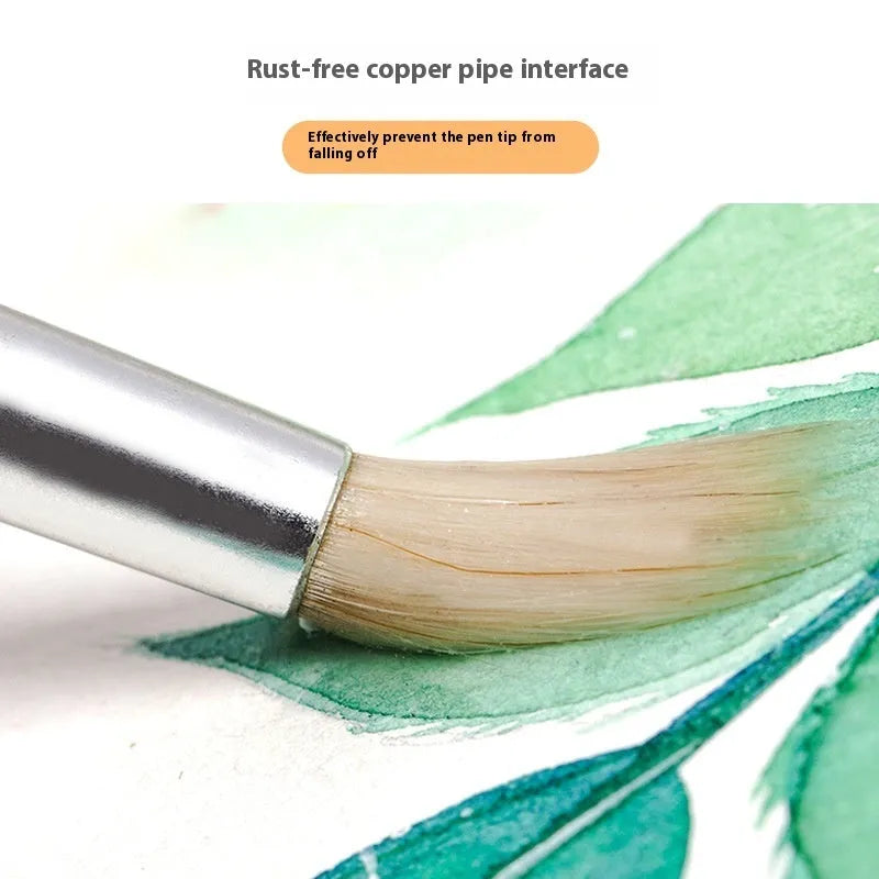 Six wooden pen brushes with pointed wool brush heads arranged as an artistic tool set