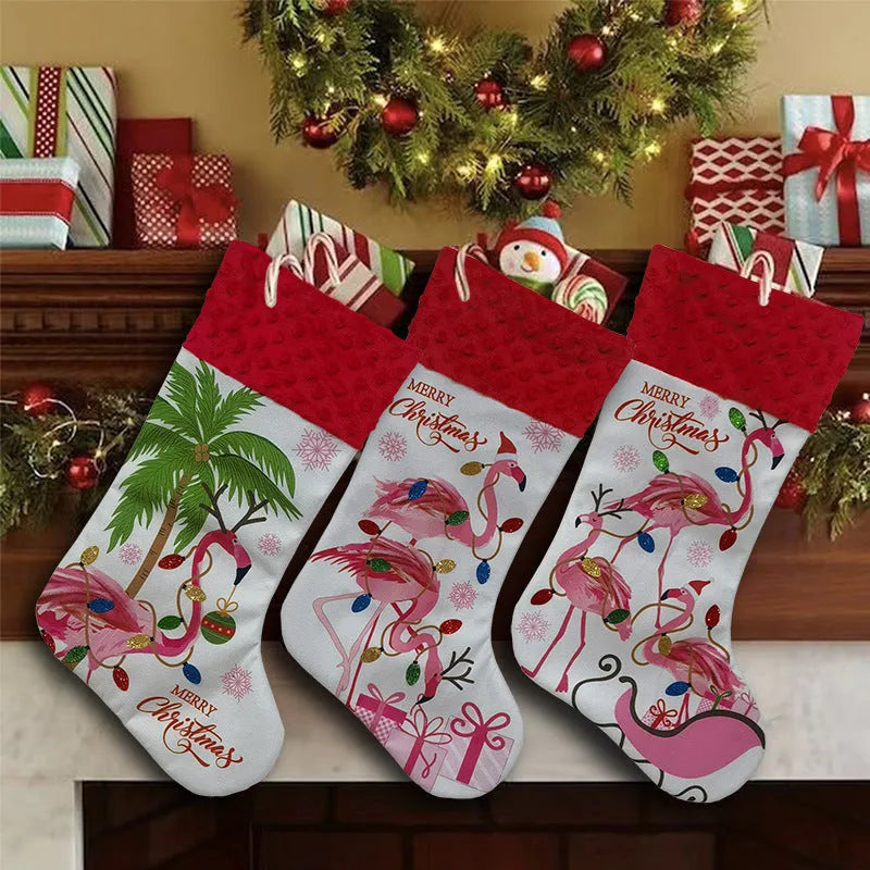 Flamingo-themed cloth Christmas stocking measuring 46 by 28 centimetres