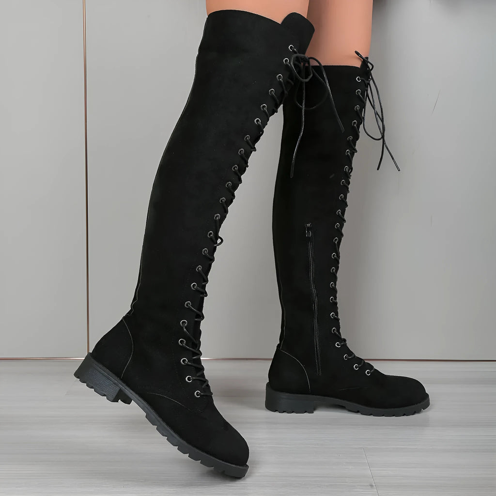 Lace-up over-the-knee boots with flat heel round toe in black brown khaki colours