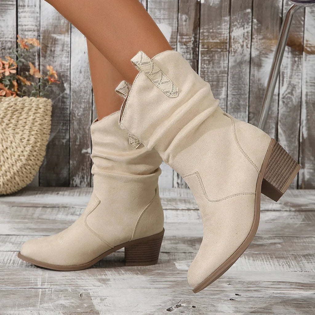 Women's mid-calf suede boots with leather stitching detail and short stout rubber heel