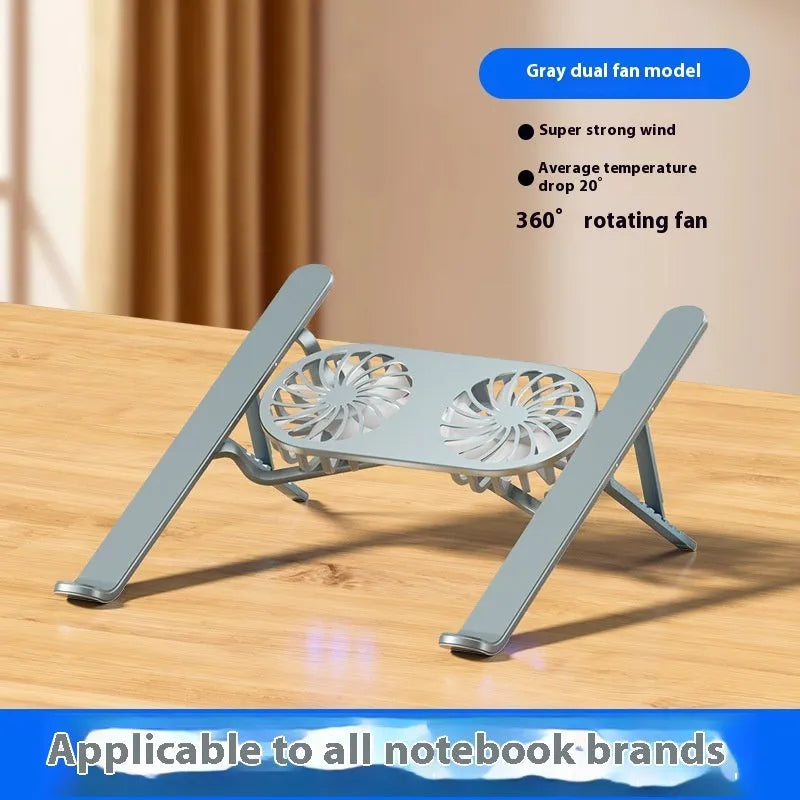 Aluminium alloy laptop cooling stand with dual fans and adjustable height mechanism, shown in silver colour