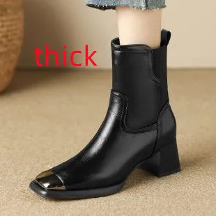 Women's brown cowhide leather Martin boots with a high heel and side zipper on a white background.